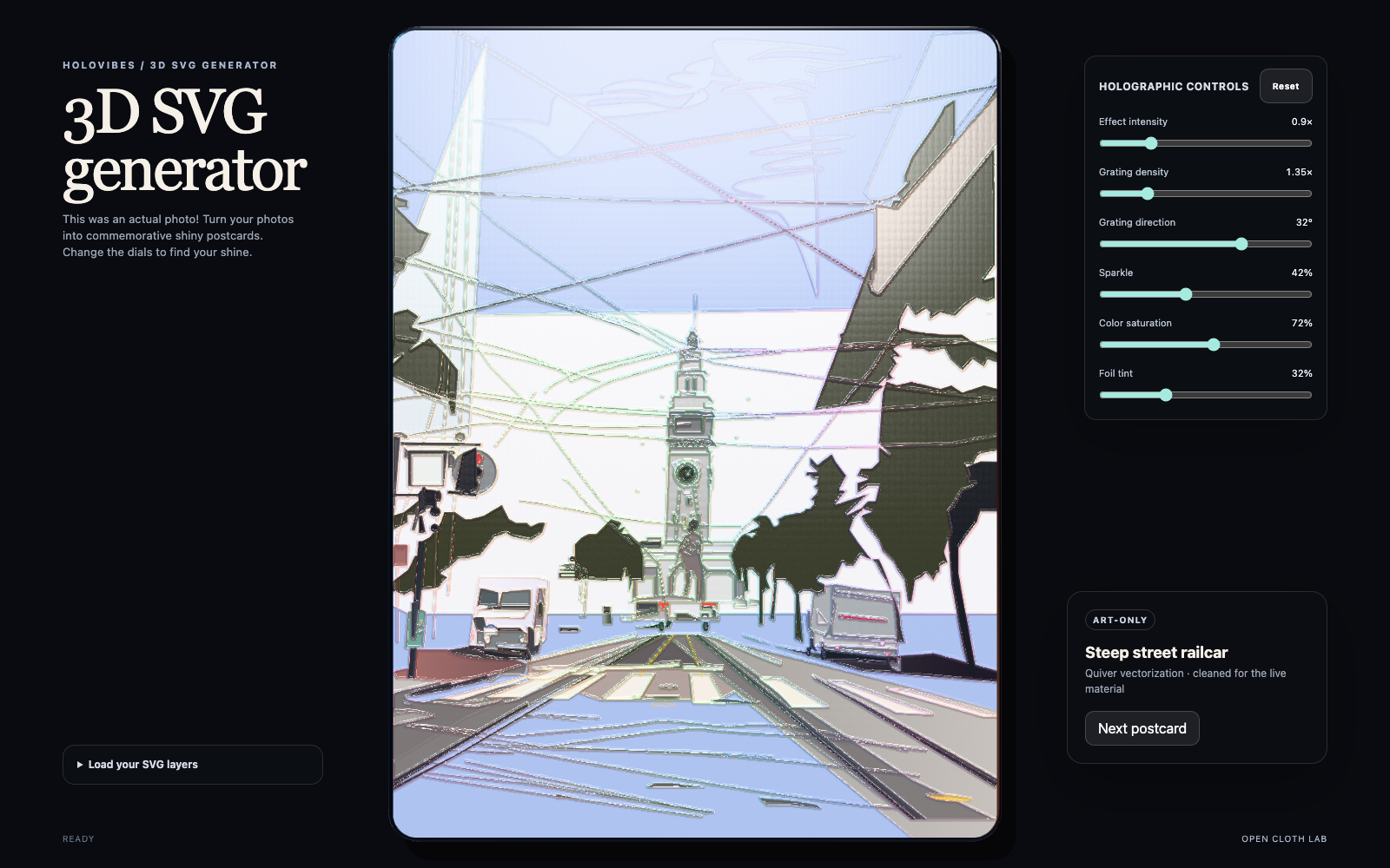 An earlier Holovibes interface showing a vectorized street scene and six holographic material controls.